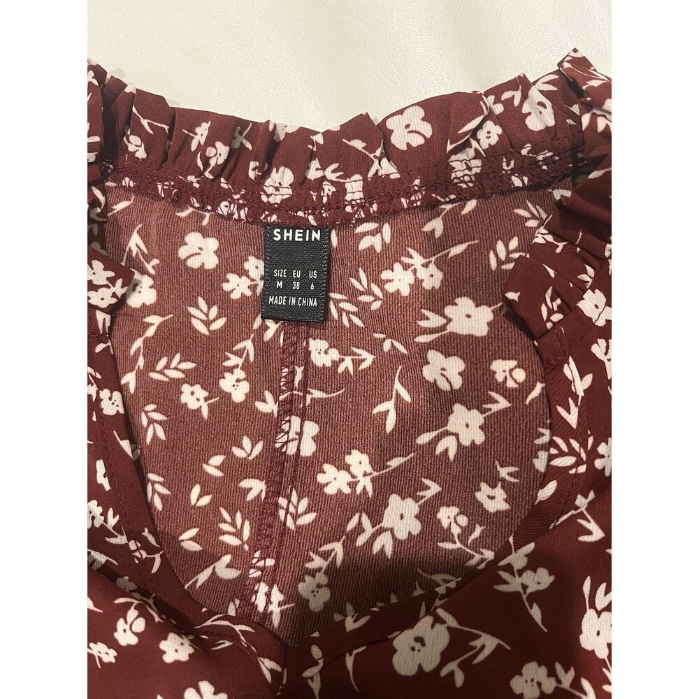 NWOT SHEIN Brick Red Ditsy Floral Long Sleeve Ruffle Blouse Size M - Picture 9 of 9